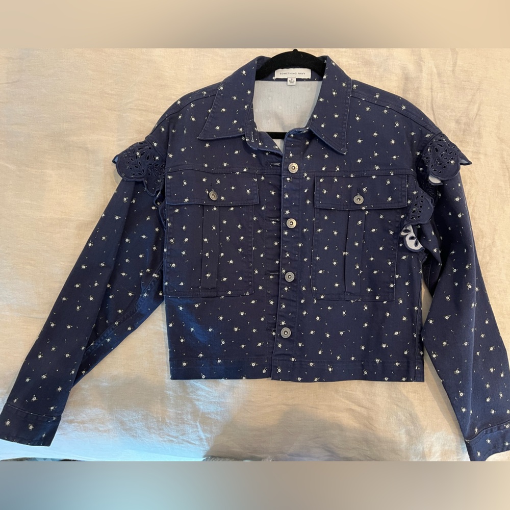 Something Navy Jean Jacket with Floral Accents